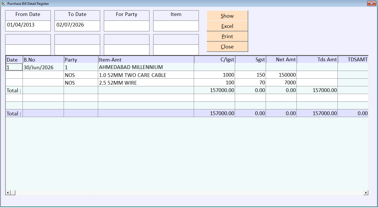 Purchase Bill Register Detail
